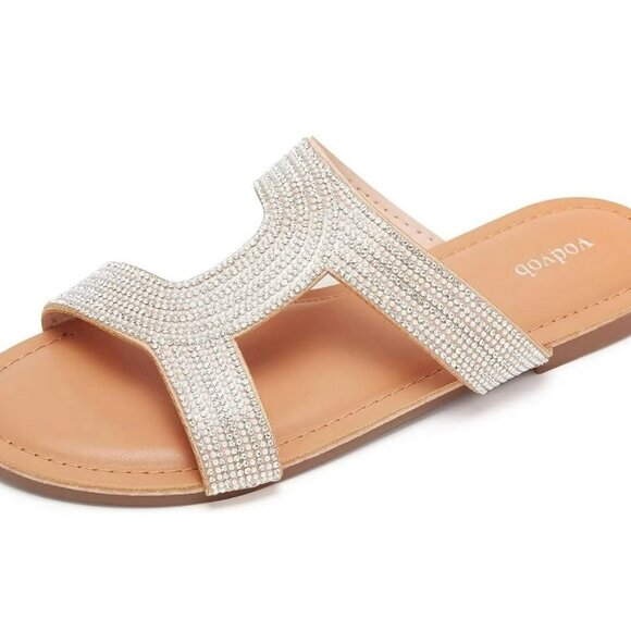 NEW- Size 6 Womens Vodvob Rhinestone Pearl Flat Sandals Sparkly Sandals Slide - Picture 1 of 5